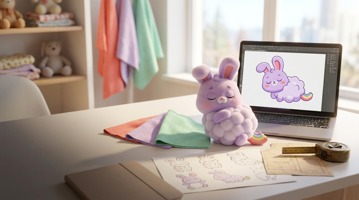 A toy design studio desk with a bunny plush prototype beside its on-screen character