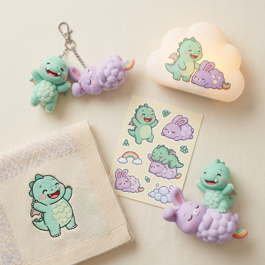 Character keychain, night-light, blanket, stickers and bath toy