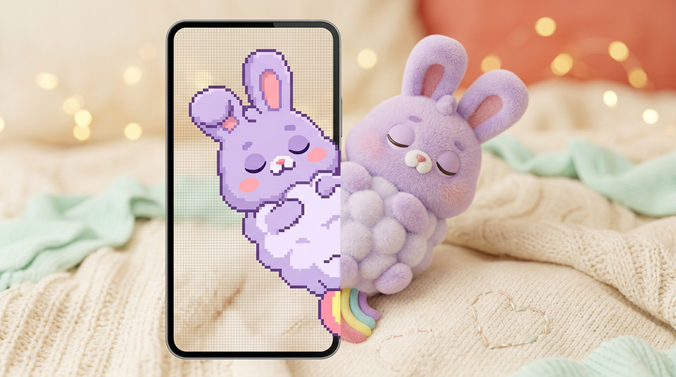 A pixel character on a phone becoming a real plush
